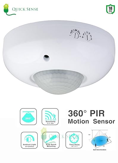 QUICK SENSE 220V 360 Degree Ceiling Mount PIR Motion-Sensor Switch with LUX Sensor Inbuilt (White)