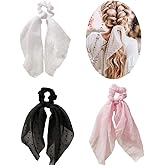 SCRMROIA 3 Packs Scarf Scrunchies, Polka Dot Daisy Flower Hair Scarf Scarves, Satin Silk Long Tails Scrunchy, Bowknot Hair Bands, Elastics Ponytail Holder, Donut Hair Ties for Women Girls (Style 1)