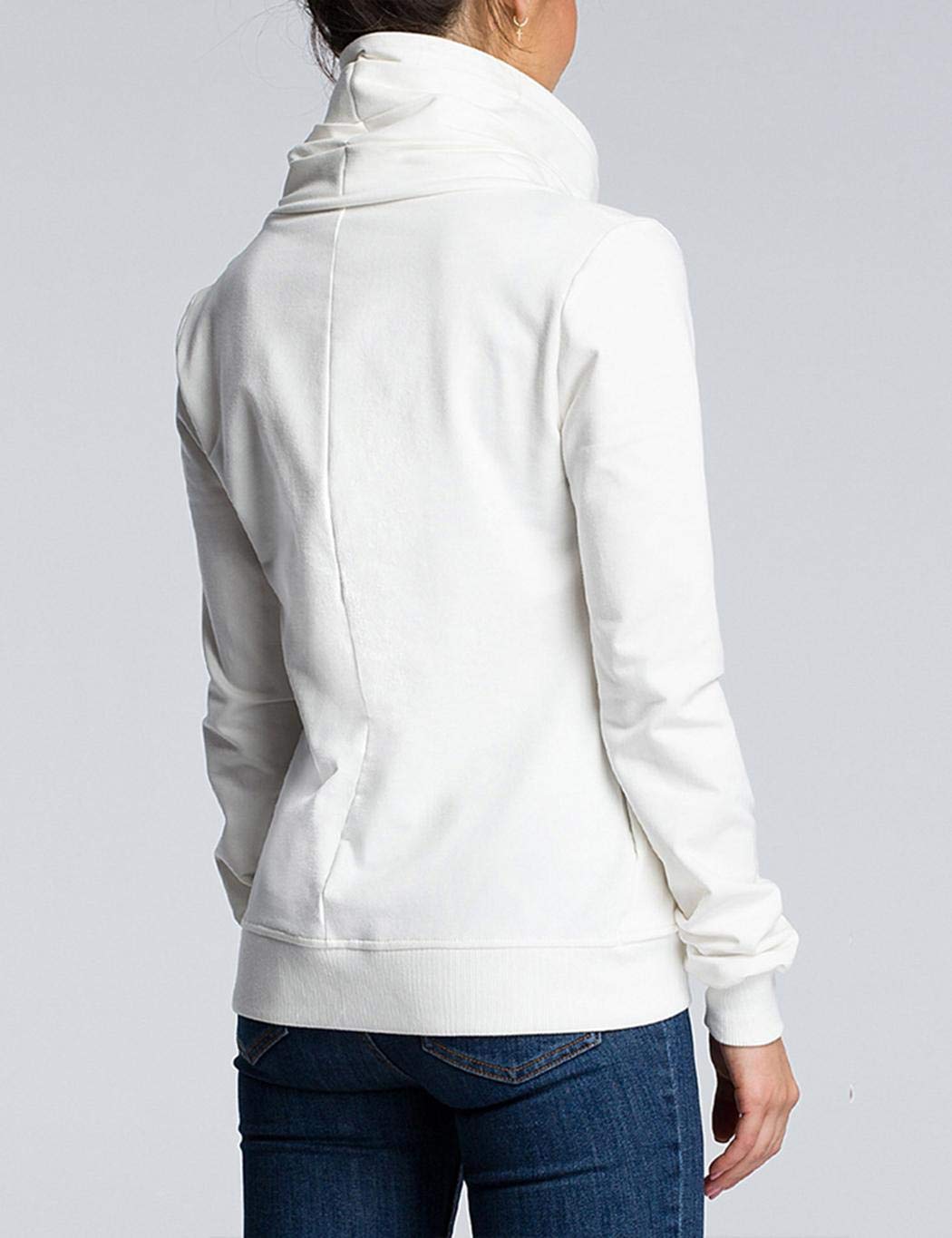 milene88 Women New Jacket Irregular Neckline Zipper Closure Sweatshirt Fashion Hoodies White