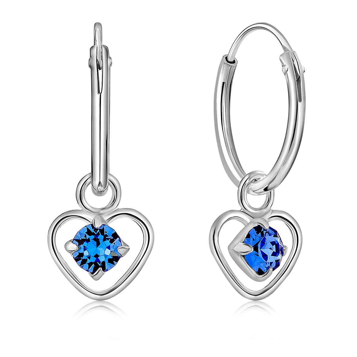 925 Sterling Silver Small Hoops Earrings with Dangling Heart in Glittering Crystals 3 mm - Faux Sapphire Earrings - Thickness 1.2 mm - Diameter: 12 mm — image 1