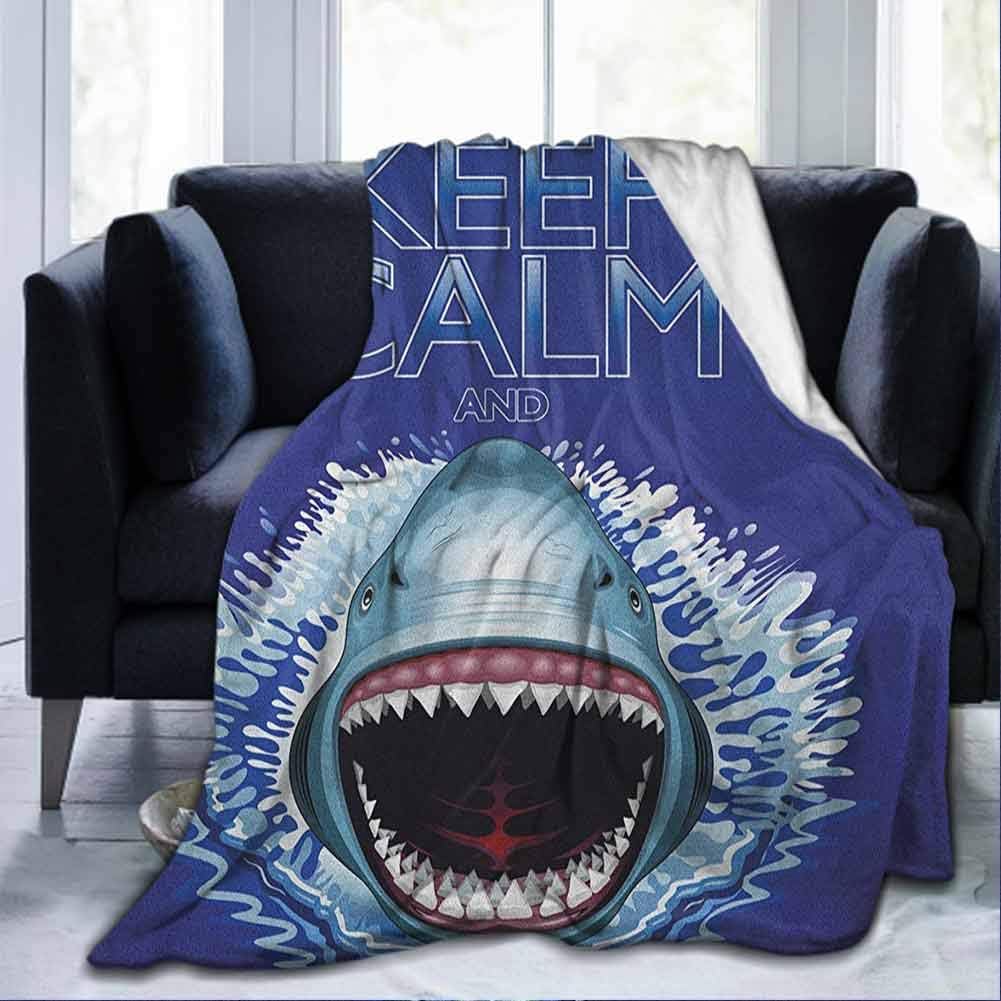SKDSArts Flannel Soft Bed Blanket Throw Blankets Sea Animals,Keep Calm and Shark Jaws Attack Predators Hunter Dangerous Wild Aquatic Nature, Blue White,60"x80" for Kids Adults Boys Girls Mens Womens