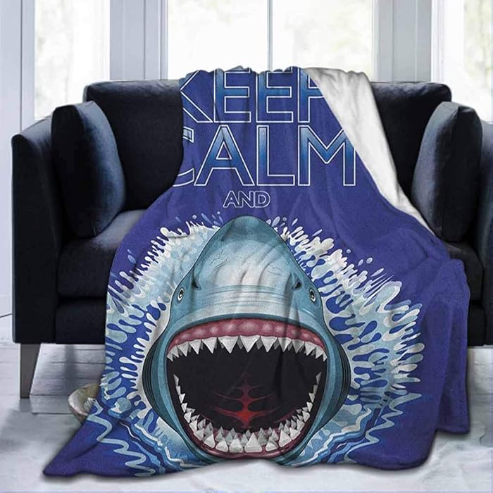 SKDSArts Flannel Soft Bed Blanket Throw Blankets Sea Animals,Keep Calm and Shark Jaws Attack Predators Hunter Dangerous Wild Aquatic Nature, Blue White,60"x80" for Kids Adults Boys Girls Mens Womens