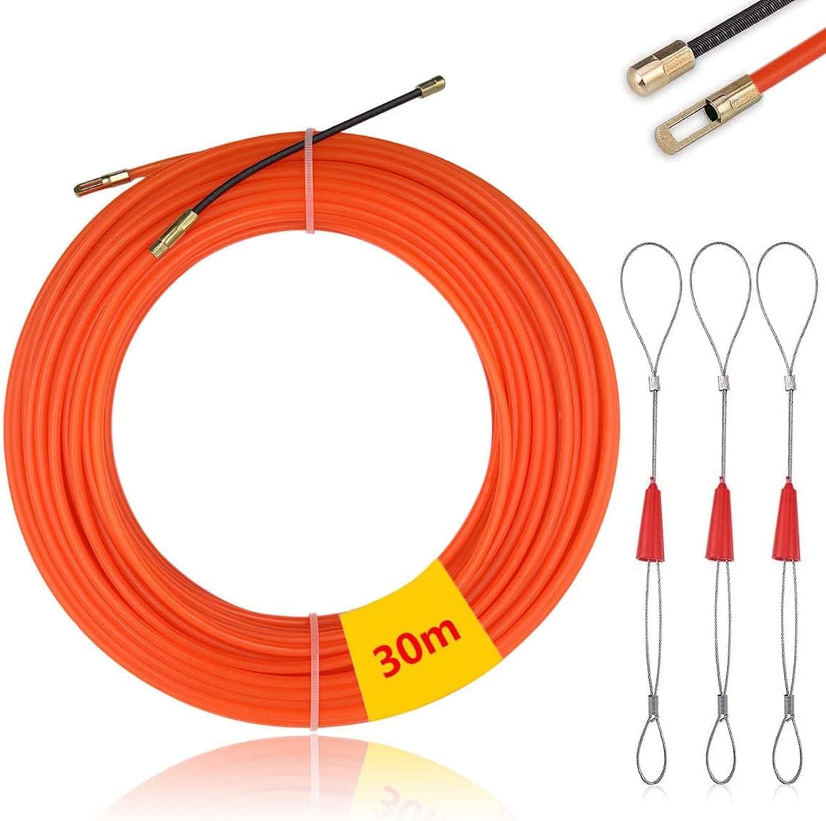 Mis.Moon 30M Fish Tape Wire Puller Through Wall with 3 Metal Lock Wires, Φ4mm Cable Running Puller Rods, Electrical Wire Threader Puller for Communication Cable, Wall, Floor Duct (orange)