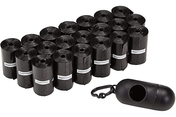 Amazon Basics Dog Poop Leak Proof Bags With Dispenser and Leash Clip, Unscented, 300 Count, 20 Pack of 15, Black, 13 Inch x 9 Inch