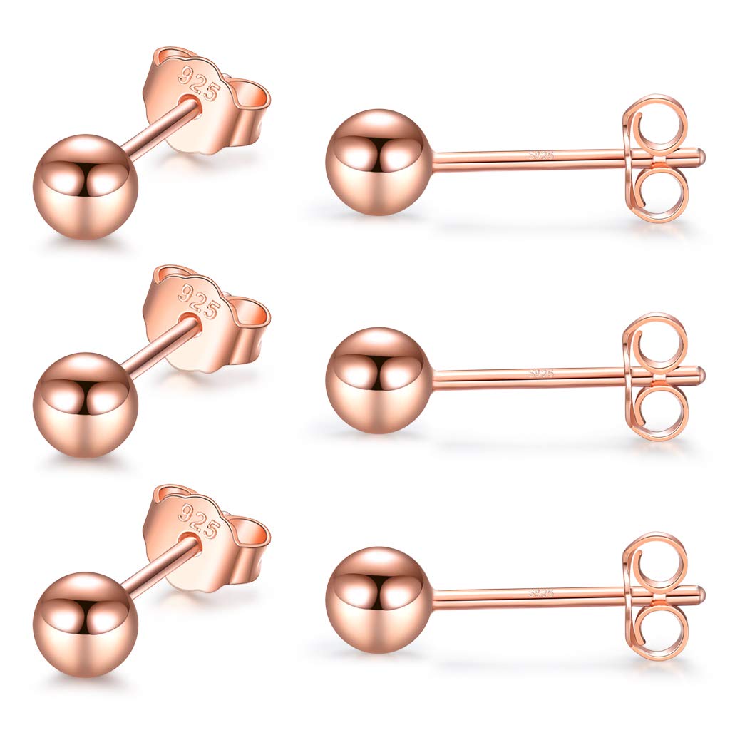 CERSLIMO Silver Stud Earrings for Women Men Girls, 3 Pairs Sterling Silver Tiny Ball Stud Earrings Small Dot Studs Dainty Cartilage Tragus Sleeper Earrings Set (4mm, Rose Gold)