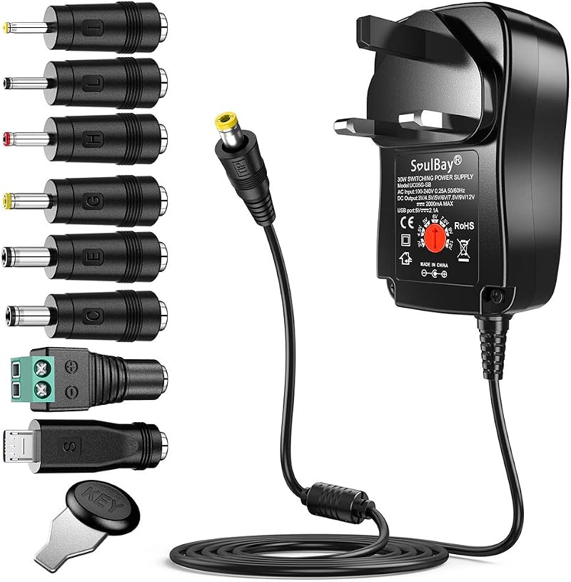 SoulBay Universal 30W 3-12V 8 Tip AC/DC Adapter with USB Micro Plug