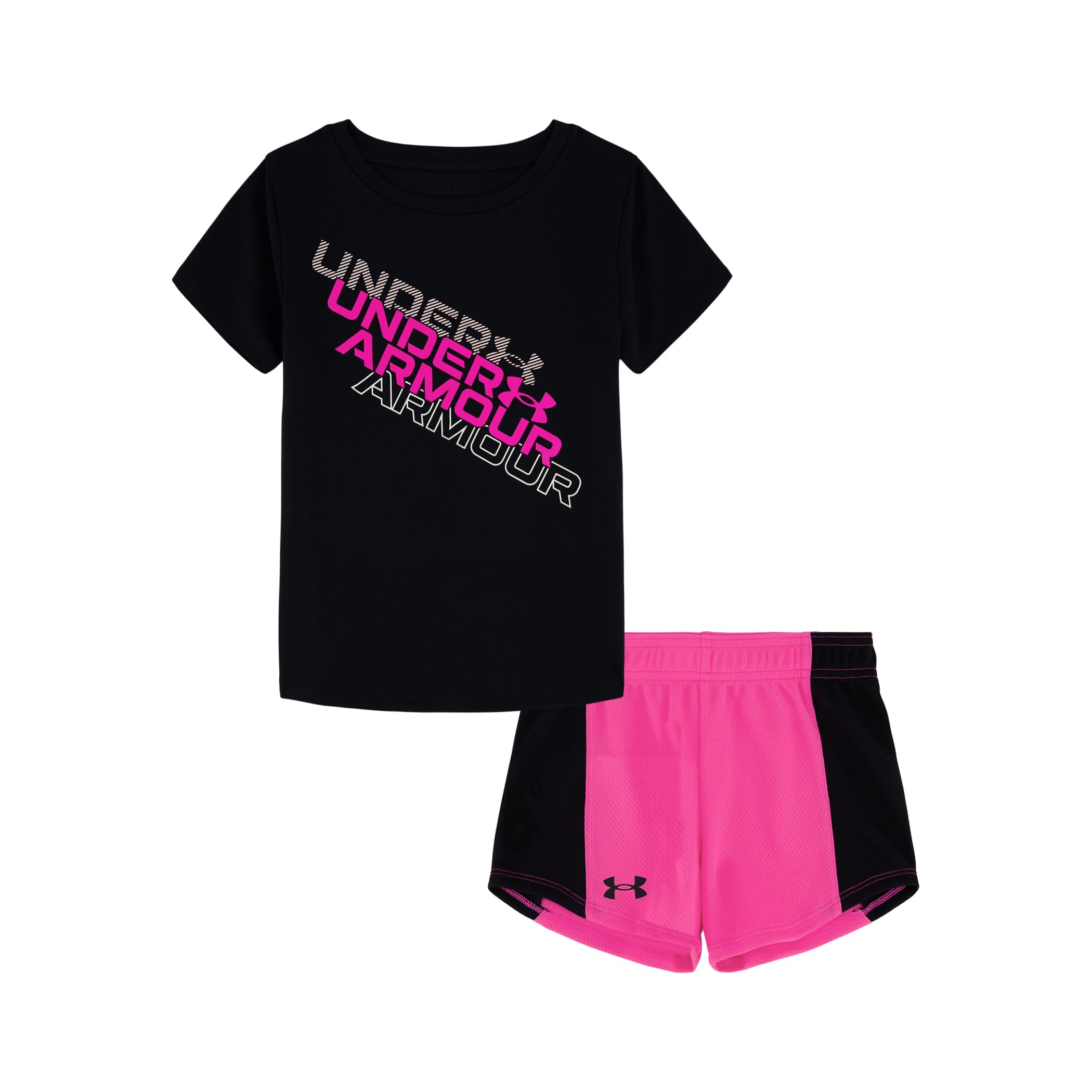 Photo 1 of ** Main Picture is for reference, color may differ, please see attached pictures. 

Under Armour girls Short Sleeve Shirt and Shorts Set, Durable Stretch and Lightweight, Pink Multi Color; Size 5 Girls