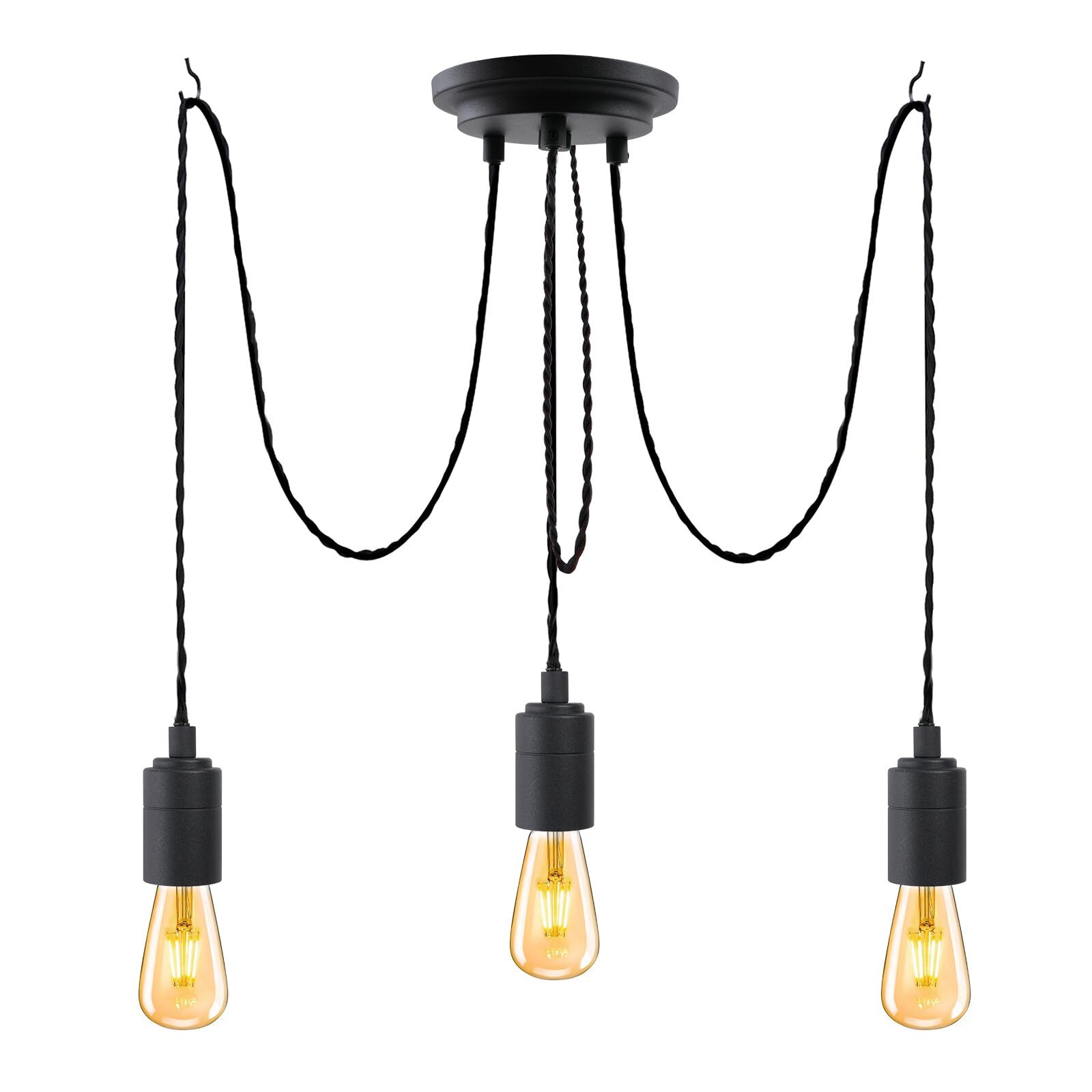 JIAHUA 3Lights Black Industrial Pendant Light Fitting,Multiple Spider Ceiling Pendant Lamp Chandelier with Adjustable 3M Twisted Braided Cable E27 Lamp Holder