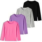 4 Pack Girls Long Sleeve Shirts Kids Cotton Basic Tees Crewneck Fall Tops for Toddler Girls(2T-14Years)