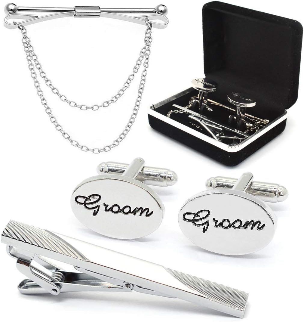 3 PCS Mens Cufflinks and Tie Clips Set, MOAMUN Engraved Cufflinks Tie Collar Bar Clip Pin Set for Men Wedding Gifts with Box