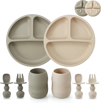 PandaEar Silicone Baby Weaning Set Divided Plate 2 Tiny Cups Spoons Forks