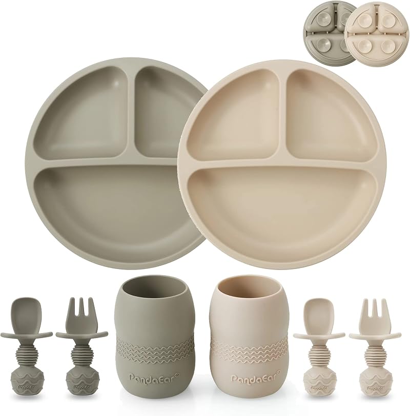 PandaEar Silicone Baby Weaning Set Divided Plate 2 Tiny Cups Spoons Forks