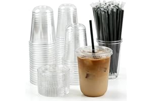 OctBird 50 Pack 16 OZ Clear Plastic Cups with Lids and Straws, Disposable Clear Iced Coffee Cups with Lids Round Bottom for P