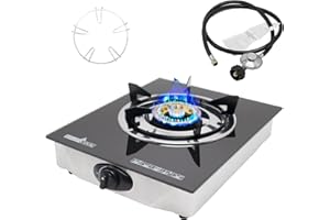 RegiisCook Single Burner Propane Gas Cooktop,Camping Portable LPG Gas Stove, Auto Ignition Tempered Glass Countertop with regulator and burner grate