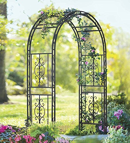 Montebello-Decorative-Garden-Arbor-Trellis-Scroll-Design-Tubular-Iron-Structure-with-7-Inch-Ground-Stakes-53-W-x-23-D-x-84-H-Burnished-Bronze-Finish
