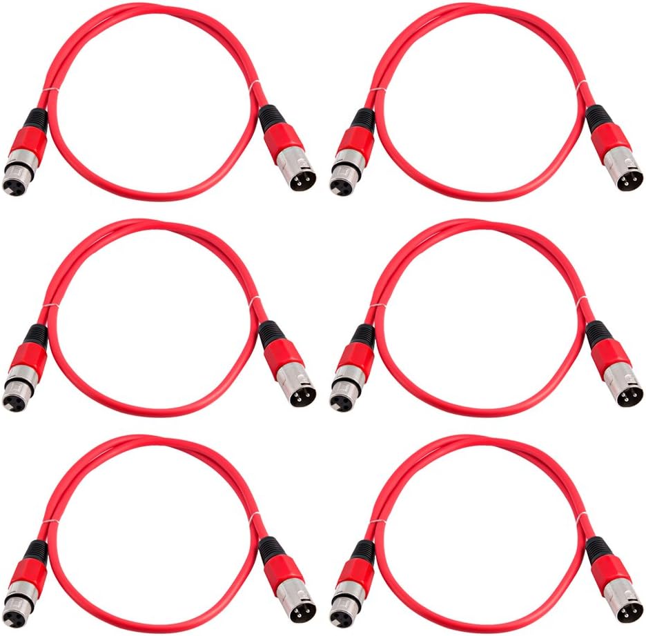 Grindhouse Speakers - LEXLR-3Red-6Pack - 6 Pack of 3 Foot Red XLR Patch Cables - 3 Foot Microphone Cables Mic Cords
