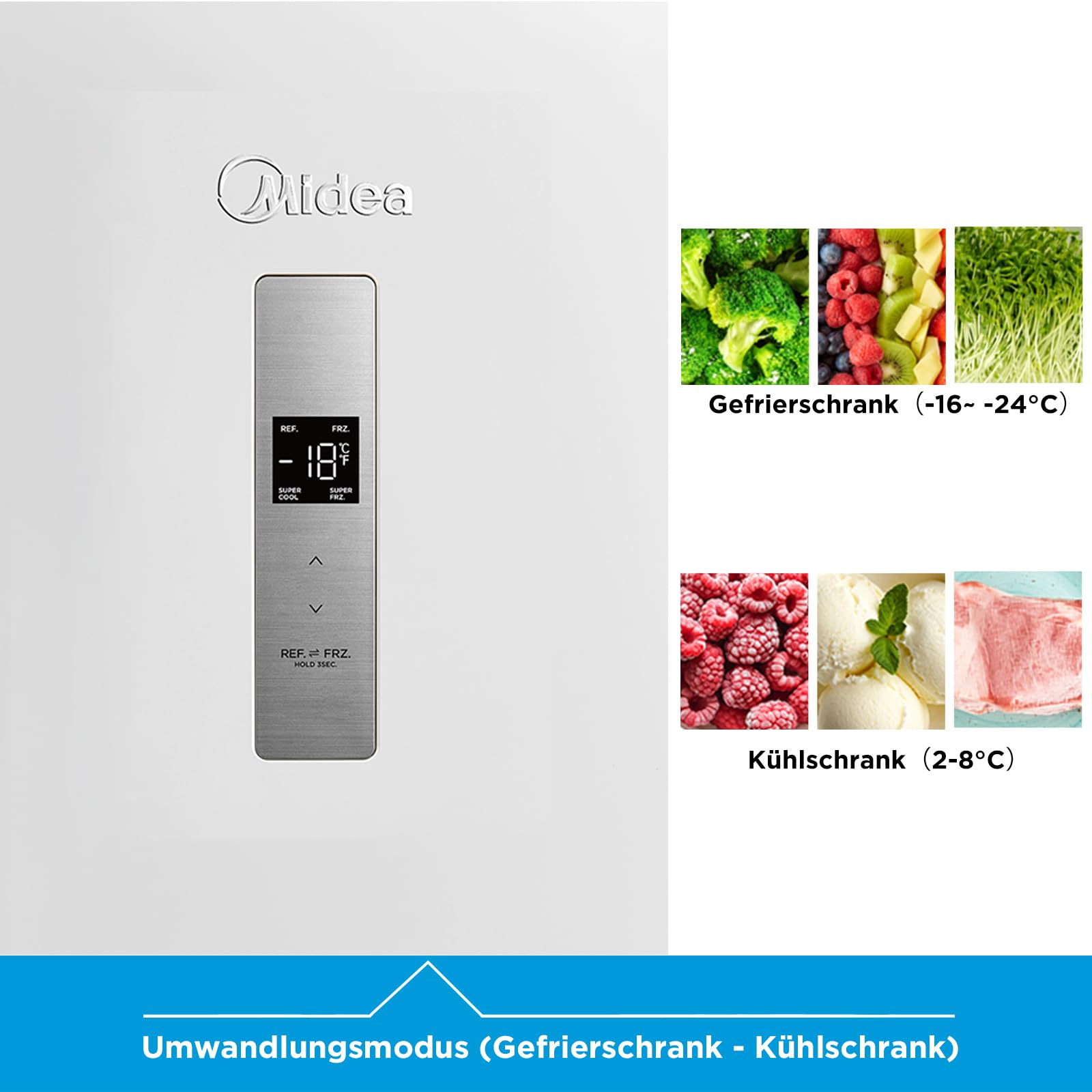 Midea MDRU333FZE01 Gefrierschrank/Kühlschrank/172,2 cm hoch/NoFrost/Flexible Kühl- und Gefrierfunktion/Superkühl/238L/Große Fächer/Zero Clearance/Easy Open Handgriff/Wechselbarer Türanschlag/Weiß 4