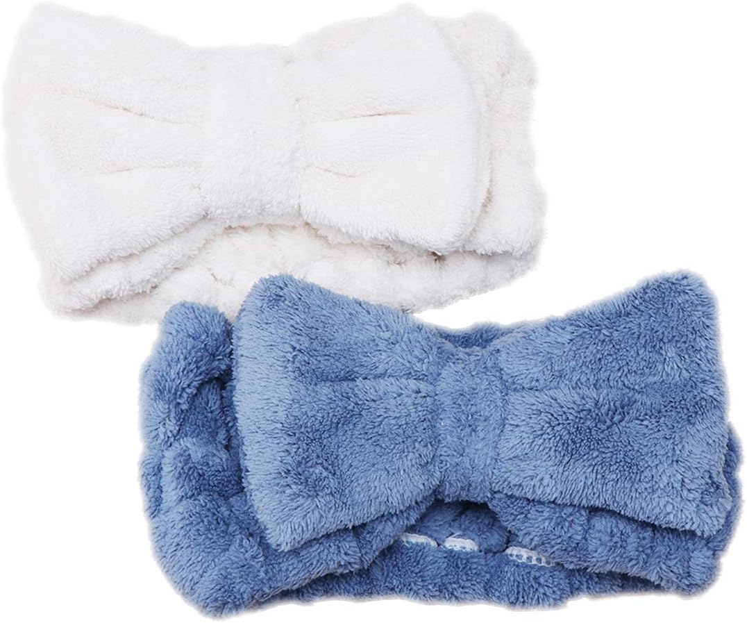 Beaupretty Bow Makeup Headband Coral Fleece Shower Headwrap Elastic Hairband for Women,2pcs(White,Blue), blue;white, Size 1