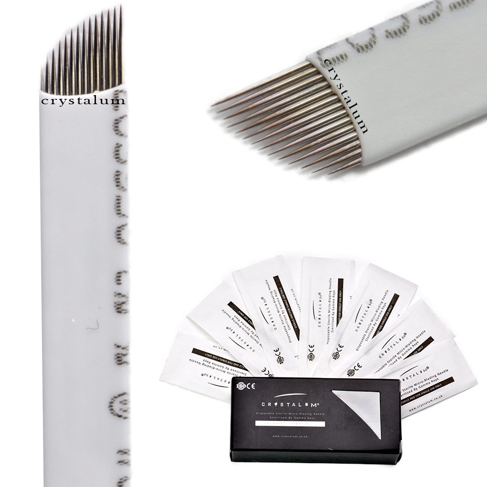 CRYSTALUM Microblading Eyebrow Blade 14 Pins Needles Tattoo Tattooing Blades Prongs Semi Permanent Make Disposable Needles Makeup For Single Use QUANTITY 10, 20,50 or 100 (5 Blades)
