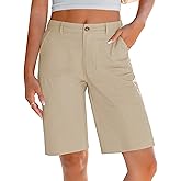 LookbookStore Bermuda Shorts for Women Cotton Knee Length High Waisted Elastic Waist Summer Dressy Casual Long Shorts