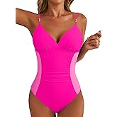 Aleumdr Women One Piece Swimsuit Tummy Control V Neck Ruched Bathing Suit Push Up Gold Metal Modest Slimming Swimwear