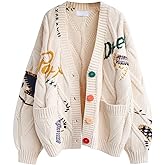 chouyatou Women's Cable Knit Embroidery Patchwork Cardigan V Neck Long Sleeve Open Front Button Down Sweater