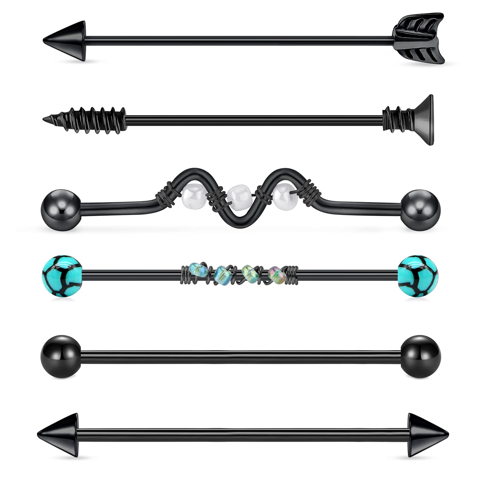 Briana Williams 6pcs Black Industrial Bars 38mm with Chain Dangle 14G Cartilage Stainless Steel Scaffold Piercing Barbell Jewellery Arrow