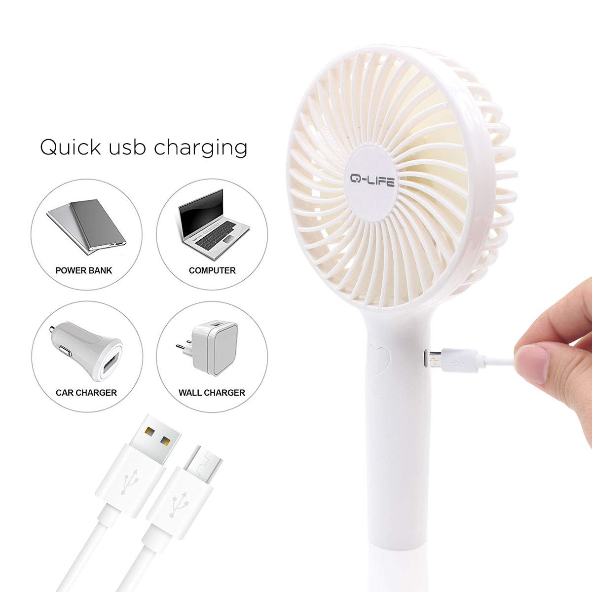 Hand Held Fan,Mini Electric Portable Desktop Table Desk Fan, 3 Speeds USB Rechargeable Fan for Concert Home Office Outdoor Travel (White)