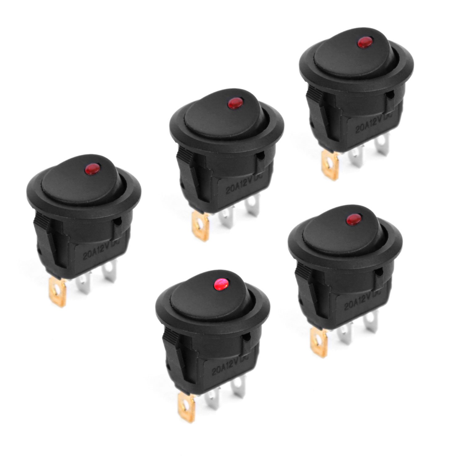 Switian Red LED Rocker Switch ON-OFF SPST (5 Pack) - 12V 20A DC, Round, Nylon Frame, Silver Terminals