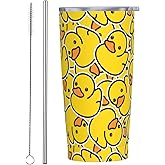 Perinsto Cute Rubber Ducky 20oz Travel Tumbler With Lid And Straw, Yellow Cartoon Ducks Stainless Steel Tumblers Insulated Coffee Cup Mug Gift For Men Women