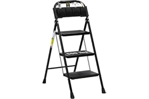 3 Step Ladder EFFIELER Folding Step Stool with Wide Anti-Slip Pedal, 500 lbs Sturdy Steel Ladder, Convenient Handgrip, Lightweight, Portable Steel Step Stool for Household, Kitchen (Matte Black)