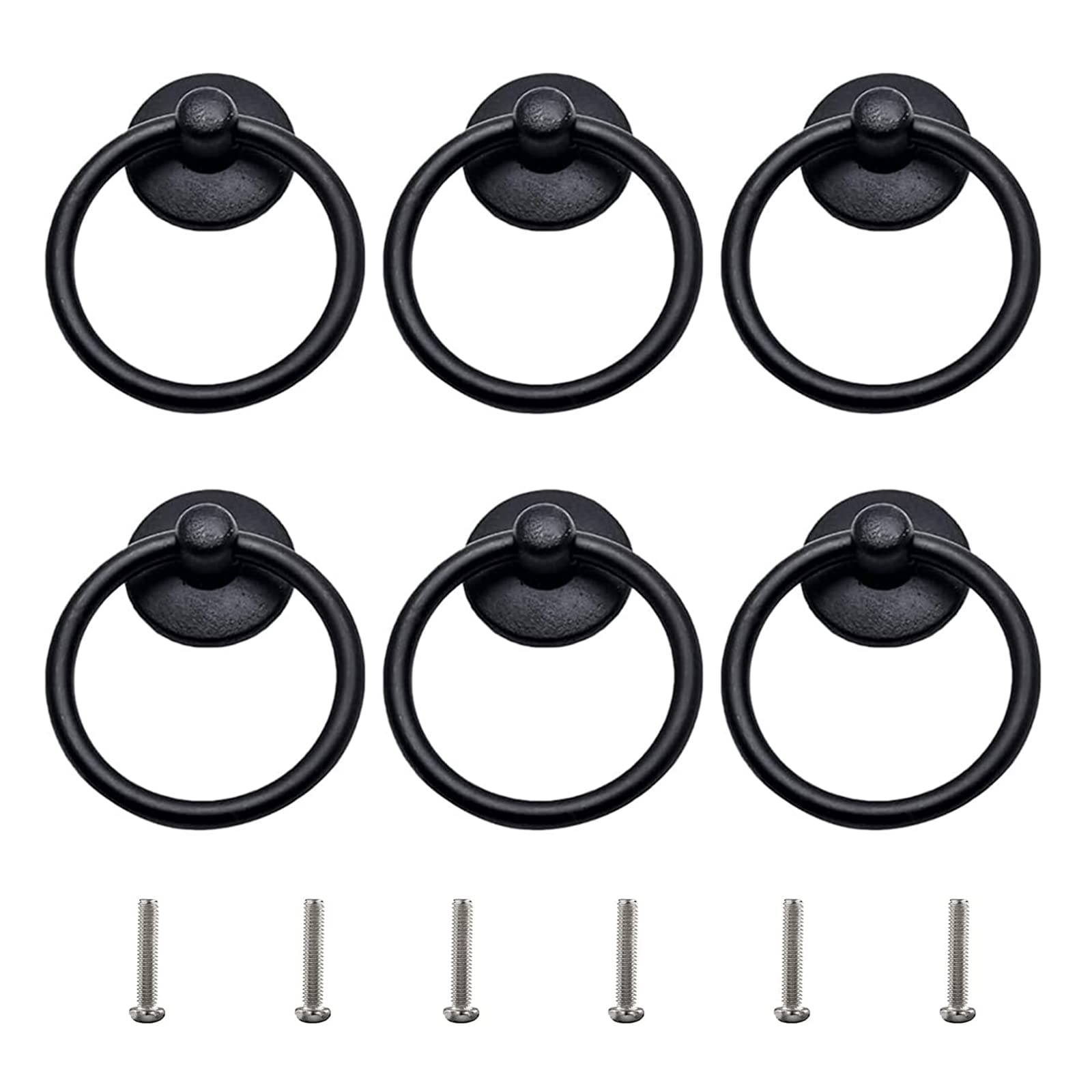 UFURMATE Drawer Pulls Rings, 6Pcs Zinc Alloy Pulls Ring Knobs Metal Ring Pull Handle Single Hole Furniture Cabinet Ring Pulls with Screws for Drawer, Cupboard (Black)
