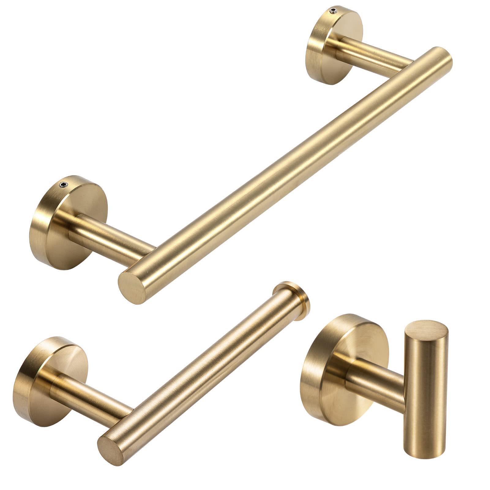 YUET Gold Bathroom Accessories Accessory Bars Set Hand Towel Holders Ring Rails For Bathrooms SUS 304 Stainless Steel Hardware Wall Mounted Rack, 12" Bath Bar + Toilet Paper Holder + Robe Hook