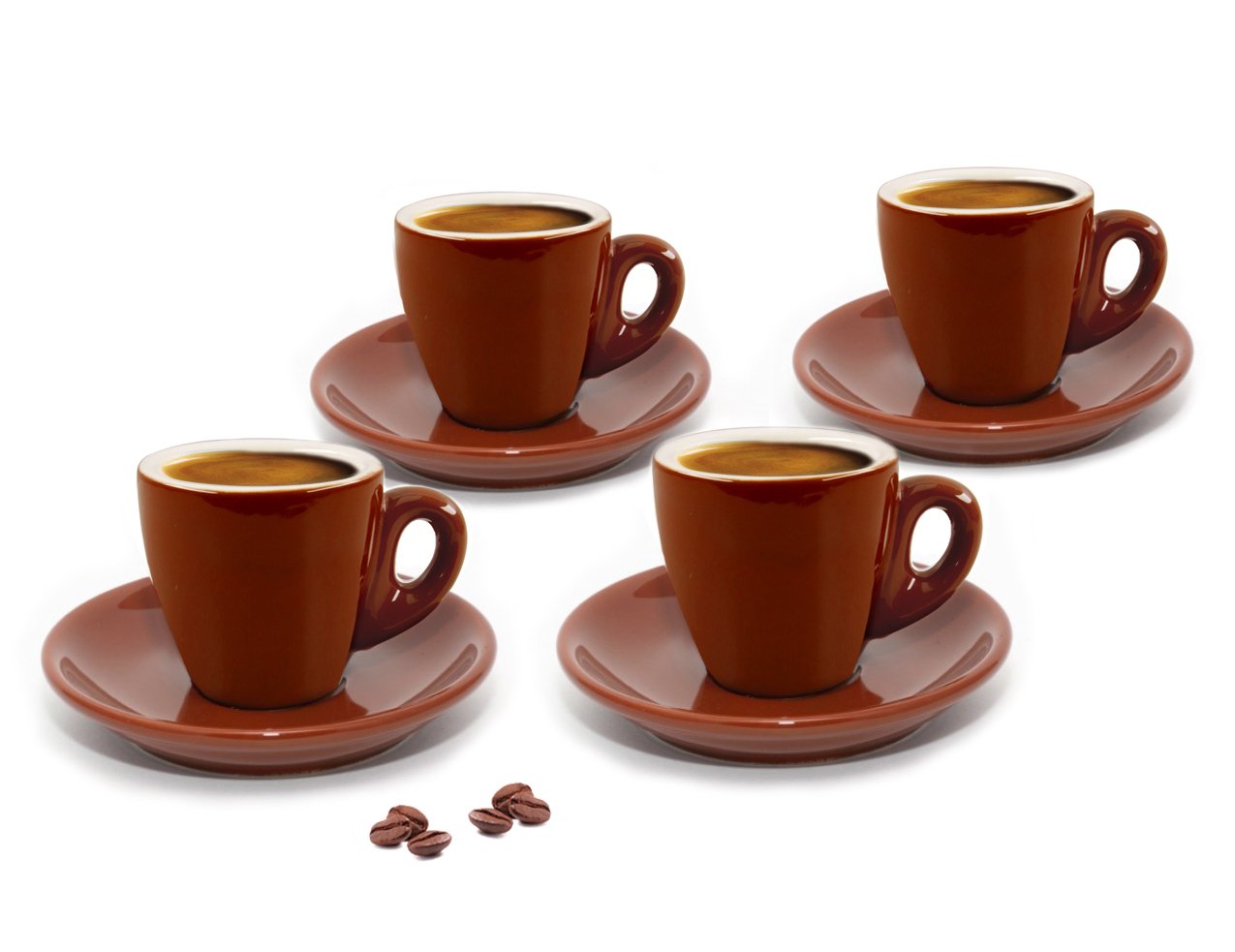 CUISINOX Brown Porcelain Espresso Cups and Saucers, 4 Sets (2 oz Each)