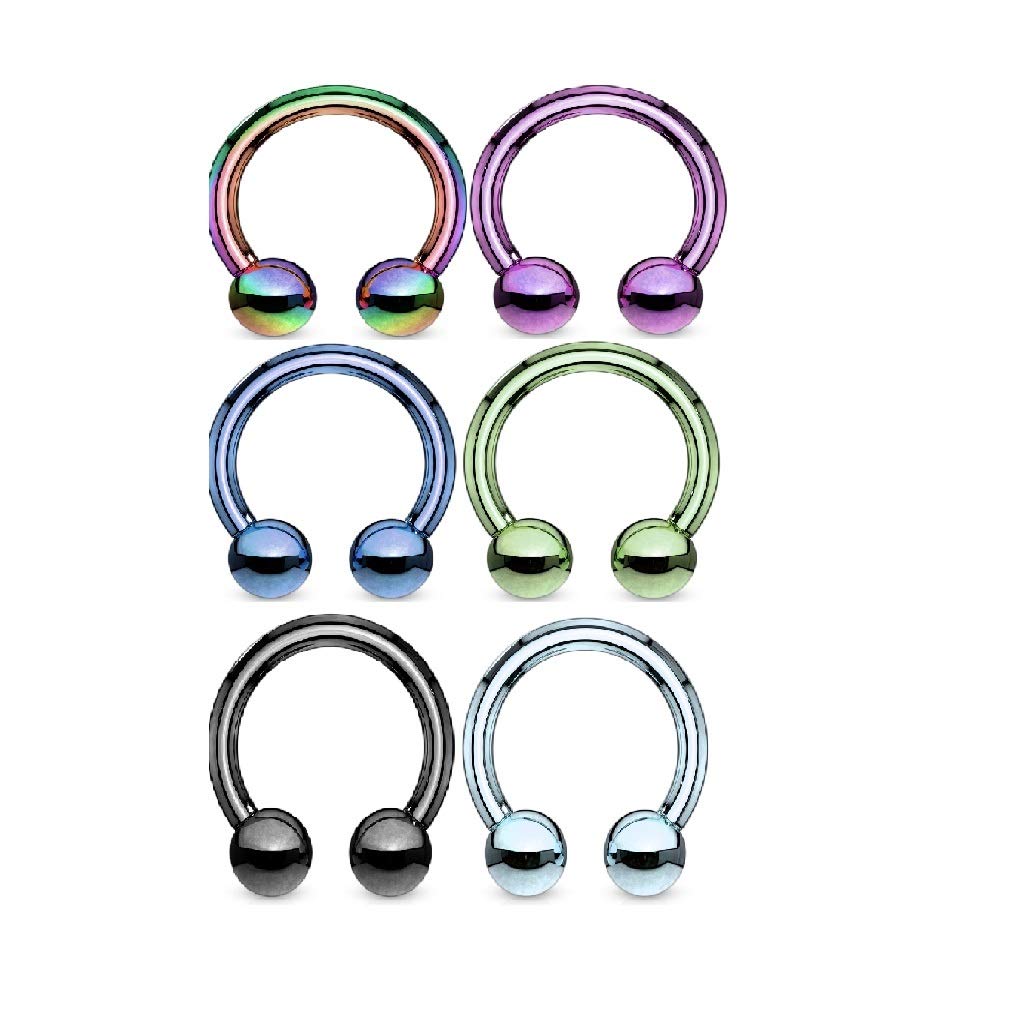 PiercedOff Multipack of 6 Titanium IP over 316L Surgical Steel Horseshoe Barbells - Thickness 16GA (1.2mm) / Diameter x 10mm / Ball Size 4mm