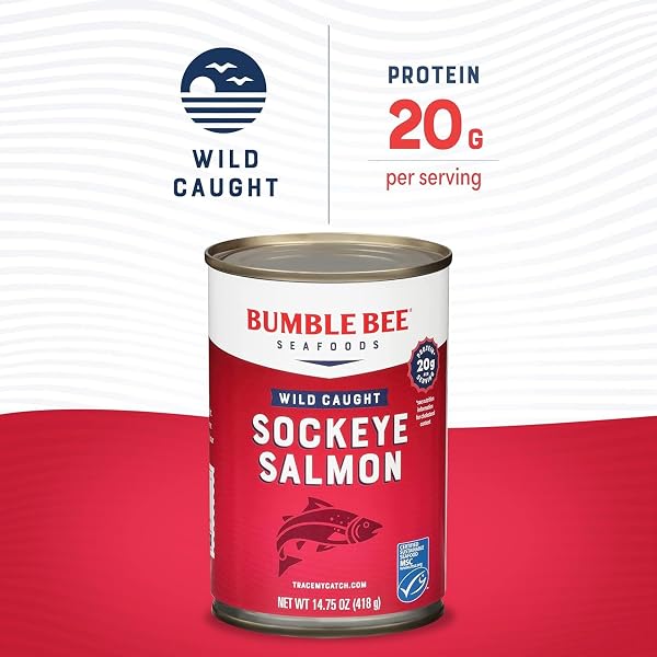 BUMBLE BEE CANNED RED SOCKEYE SALMON, 14.75 OZ CAN – PREMIUM WILD CAUGHT SALMON WITH SKIN & BONES – 20G PROTEIN – MSC CERTIFIED SUSTAINABLE SEAFOOD, NON-GMO, GLUTEN FREE, KOSHER