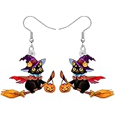 SHIGIE Halloween Acrylic Adorable Witch Hat Black Cat Earrings Pumpkin Cloak Dangle Festival Jewelry For Women Kitten Lovers Gifts