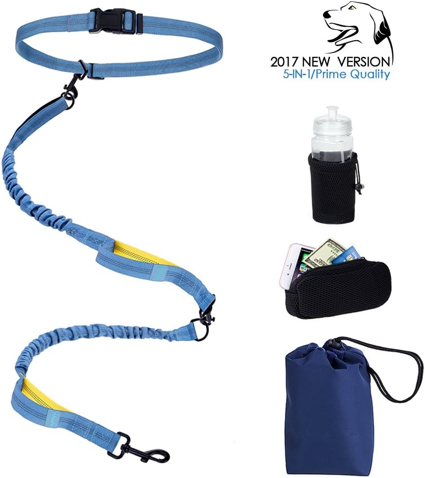 MFW Hands-free Dog Leash, 3 Handles for Extra Control, Dual Shock Absorbing Bungees, for Medium Large Dogs up To 180 lbs, Phone Holder and Dog Treat Pouch Included