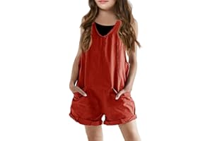 Haloumoning Girls Overall Shorts Kids Summer Fashion Sleeveless Low Back Rompers with Big Pockets
