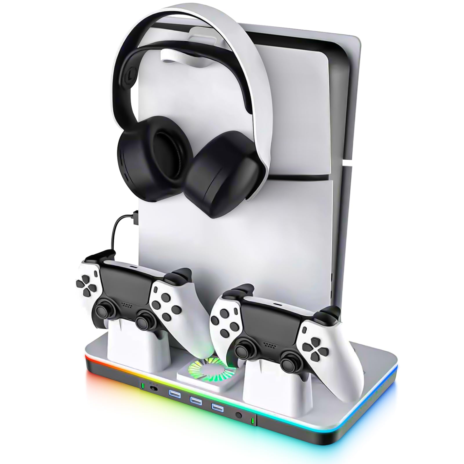 PS5/Pro/Slim Stand and Cooling Station with Dual Controller Charger for Playsation 5 Disc&Digital Consoles, RGB Light, Cooling Fan, Headset Holder PS5 Accessories 3 USB Hub(1x3.0 & 2x2.0)