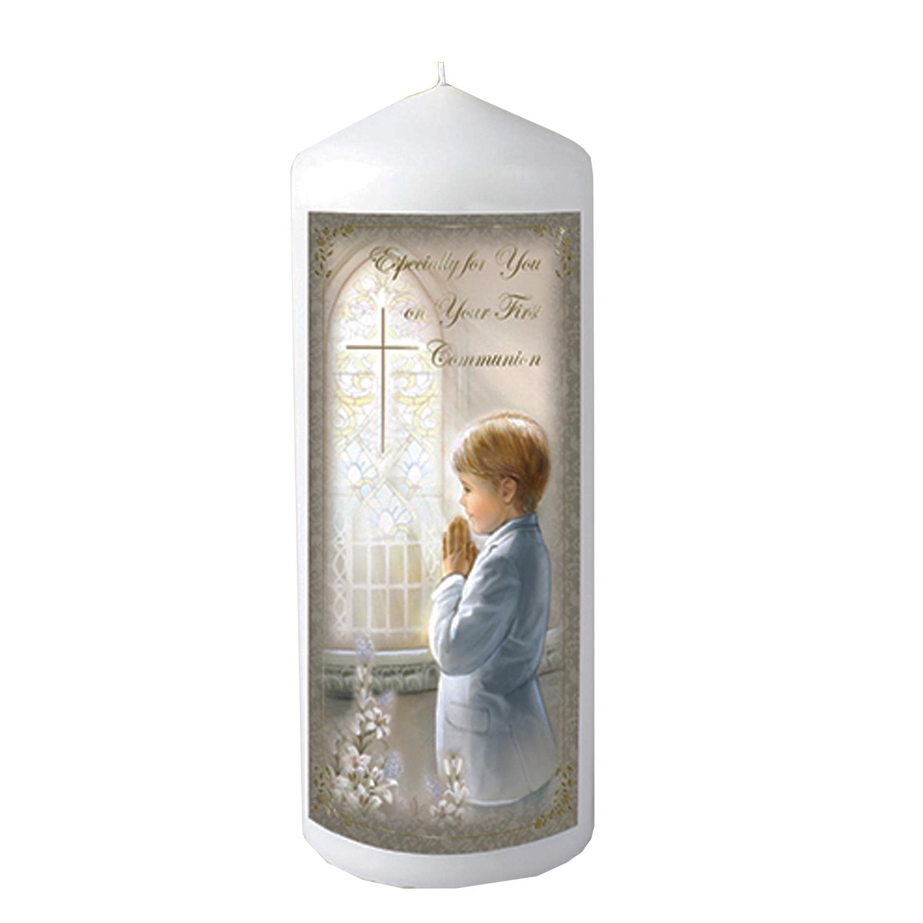 Pillar Candle First Holy Communion in Organza Bag Keepsake Gift 48 hrs Burn Time - Boy 5208