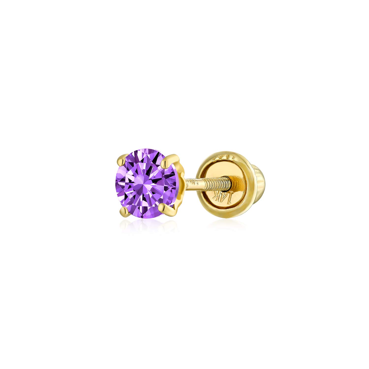 Minimalist Tiny Cubic Zirconia Purple Simulated Amethyst CZ Round Helix Cartilage Ear Lobe Piercing Daith Round Solitaire 1 Piece Stud Earring Real Yellow Gold Screw back 3MM