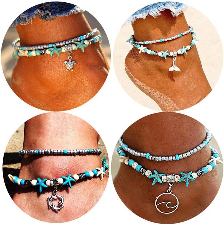 Dremcoue Blue Starfish Beach Turtle Anklet for Women Girls Boho Handmade Adjustable Beads Ankle Bracelet Foot Jewelry for Summer 3-4 pcs