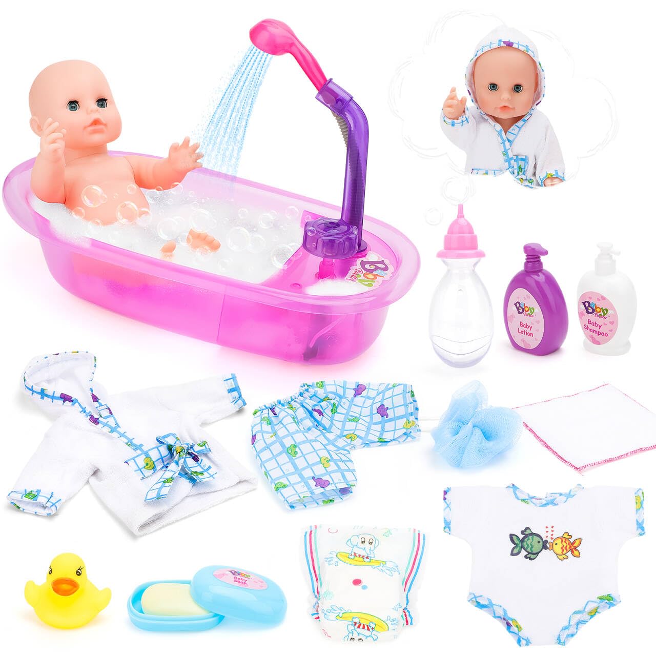 deAO Baby Doll Bath Toy and Feeding Kit, Baby Doll Accessories Toy, Bath Tub, Shampoo Bottle, Bathrobe, Duck, Role Play Set, Water Faucet Function, Dress Up Doll Game, Birthday Gift for Kids 3+