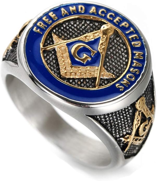 IFUAQZ Men's Stainless Steel Freemason Symbol Masonic Ring Silver Gold