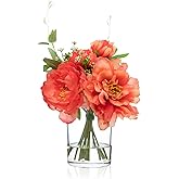 WELL KNOWN Artificial Flowers in Glass Vase with Fake Water, Silk Peony Flower Bouquet for Home Dinning Tea Table, Office Desktop, Hotel, Wedding, Party, Lavatory Decor & Gift (Coral and Orange)