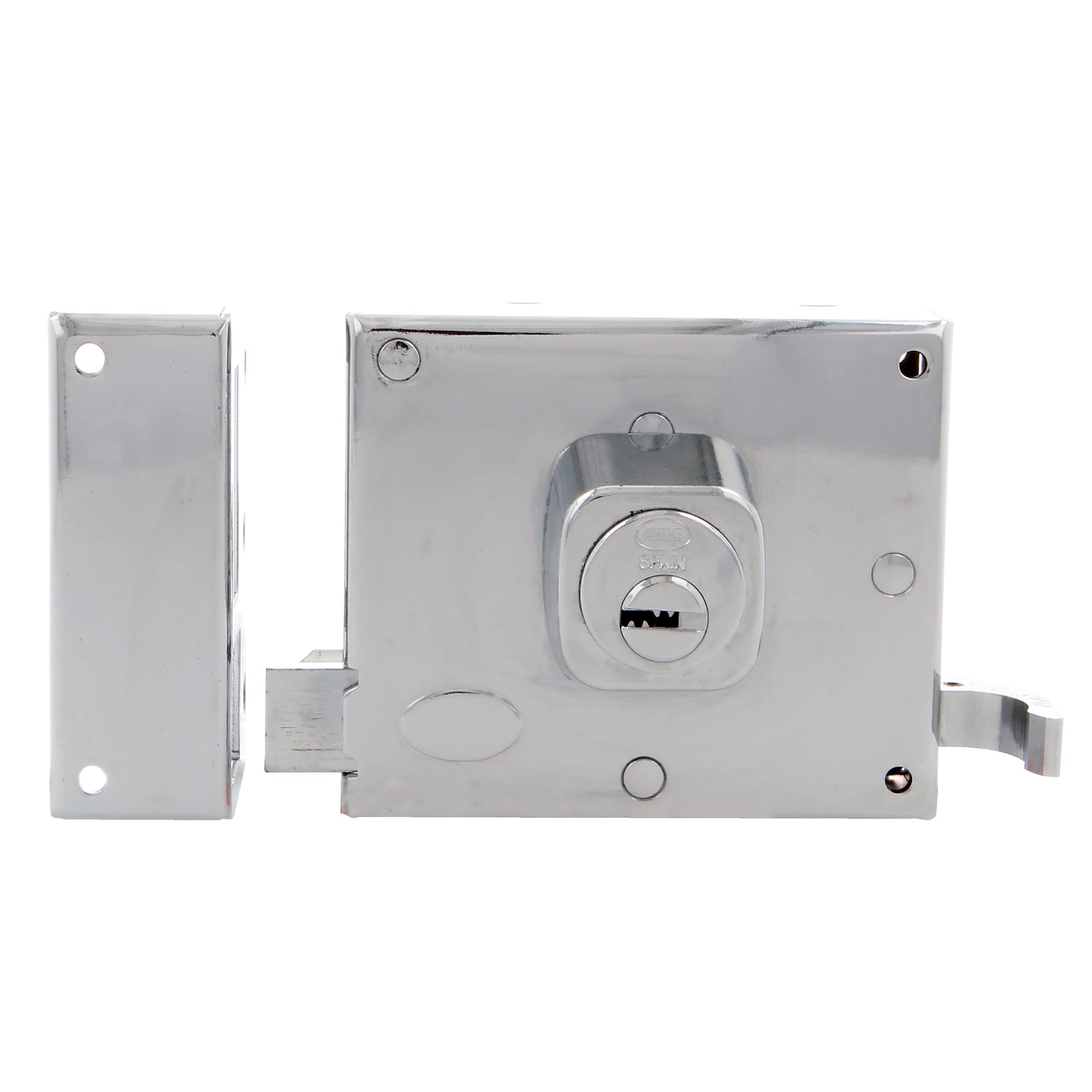Amig - Left Overlay Lock with Locking Lever, Tongue and Handle for Wooden Doors Mod. 72-100 x 85 mm - Round Cylinder Latch - Gloss Chrome Steel