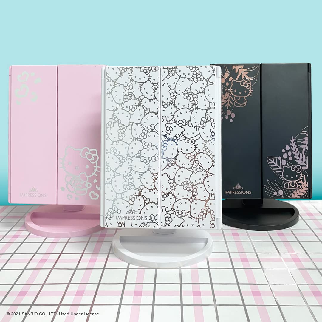 Impressions Vanity Hello Kitty Trifold LED Mirror, Desk Mirror with Lights and Touch Sensor Switch, Lighted Makeup Mirror with 2X and 3X Magnifying (White)