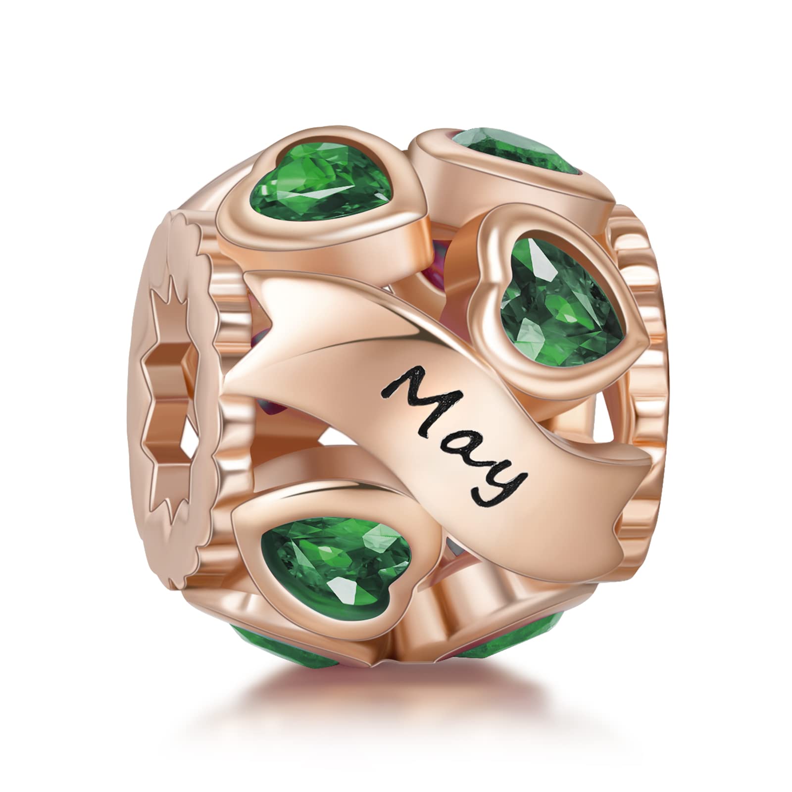 NINGAN May Birthstone Charms Rose Gold 925 Sterling Silver Love Heart Bead for Charm Bracelets and Necklaces with 5A Cubic Zirconia, Birthday Gifts