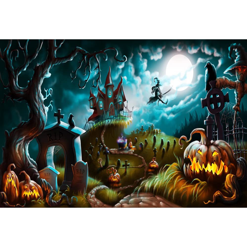 Aoihrraan 7x5ft Halloween Backdrop Evil Pumpkin Lantern Tombstone Castle Witch Moon Horrible Night Photography Background Kids Trick or Treat Party Decoration Child Portrait Photo Studio Props